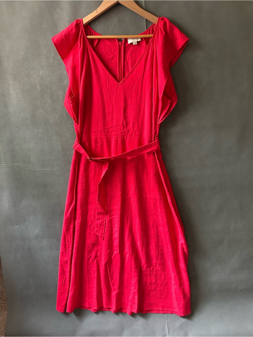 LOFT Outlet Red Linen Blend Flutter Sleeve Midi Dress Belted Sz 12
